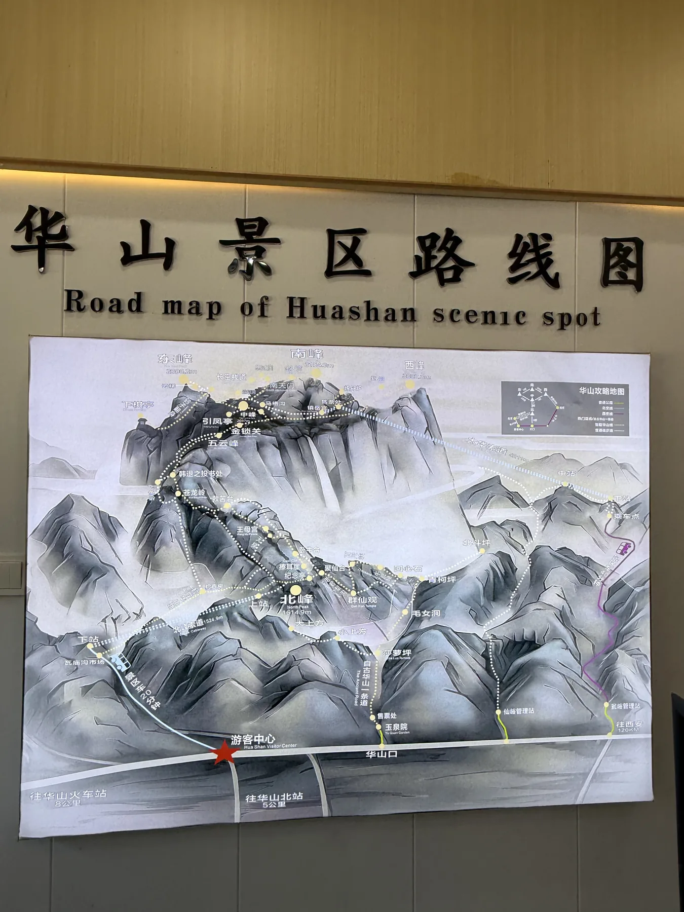 On-site Huashan map showing the main peaks and cable-car routes